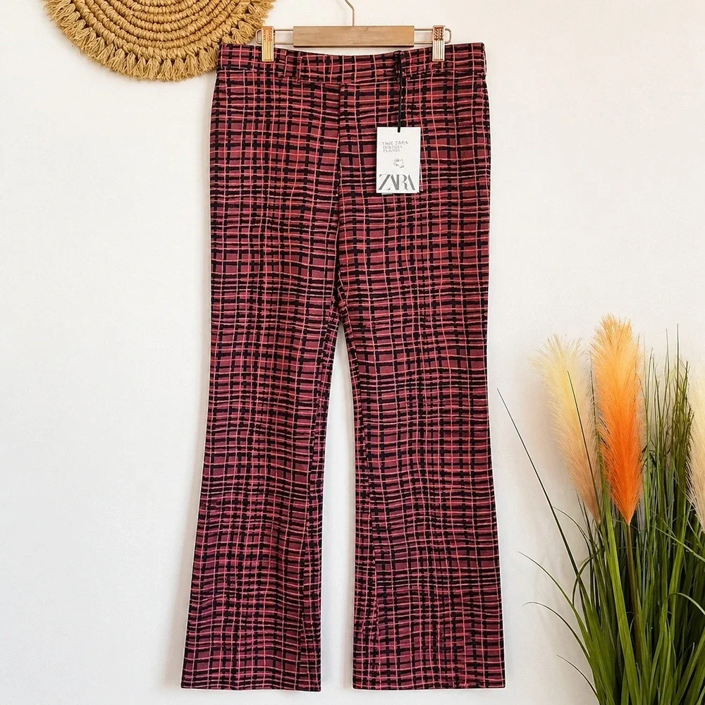 ZARA NEW Studio Pink Plaid Check Ultra Flare Bell Bottom Pants SZ Large Y2K Punk